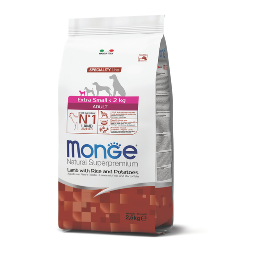 Monge CANINE EXTRA SMALL ADULTO CORDERO, ARROZ Y PAPA - 2.5 KG